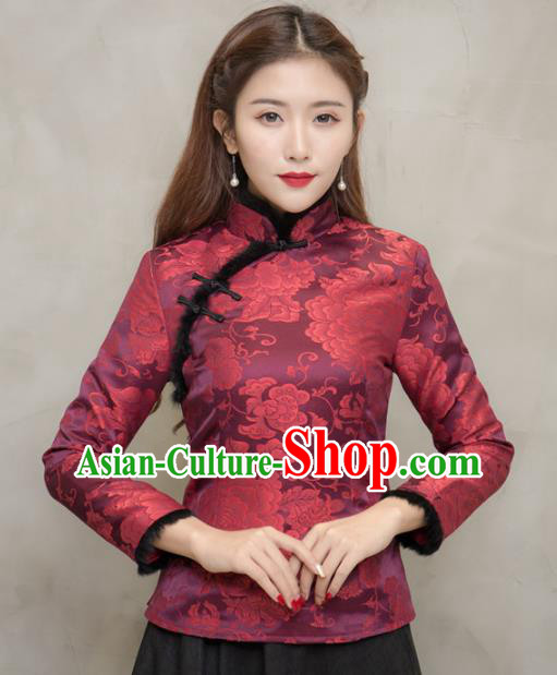 Traditional Chinese National Costume Hanfu Printing Purplish Red Blouse, China Tang Suit Cheongsam Upper Outer Garment Shirt for Women