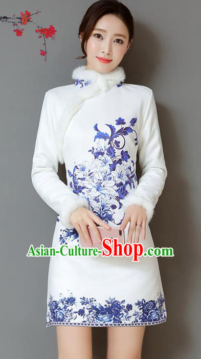Traditional Chinese National Costume Hanfu Printing Lily Flower Qipao Dress, China Tang Suit Cheongsam for Women