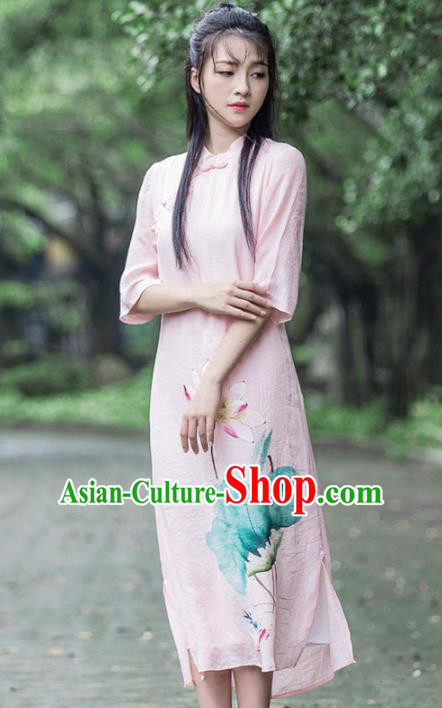 Traditional Chinese National Costume Hanfu Pink Linen Painting Lotus Qipao, China Tang Suit Cheongsam Dress for Women