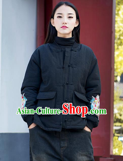 Traditional Chinese National Costume Hanfu Embroidered Black Cotton-padded Jacket, China Tang Suit Coat for Women