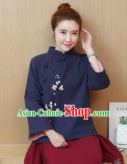 Traditional Chinese National Costume Hanfu Navy Qipao Blouse, China Tang Suit Cheongsam Shirts for Women