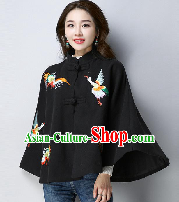 Traditional Chinese National Costume Hanfu Red Embroidered Black Cloak, China Tang Suit Cape for Women