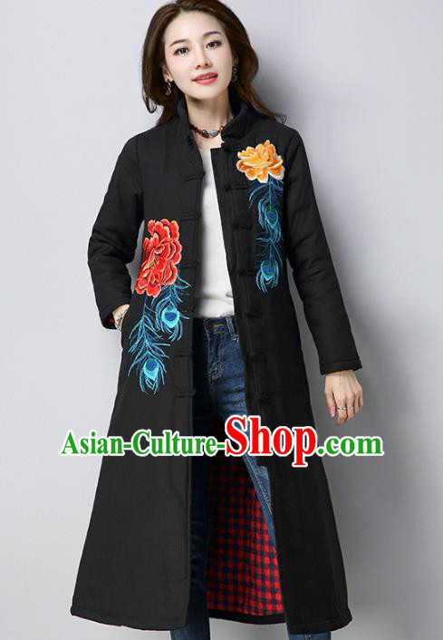 Traditional Chinese National Costume Hanfu Black Embroidered Cotton-padded Coat, China Tang Suit Dust Coat for Women