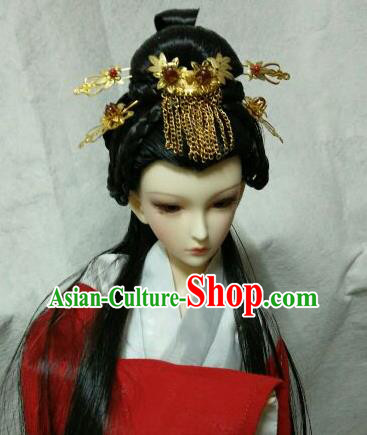 Traditional Handmade Chinese Tang Dynasty Princess Wig Sheath and Hair Accessories Headwear for Women