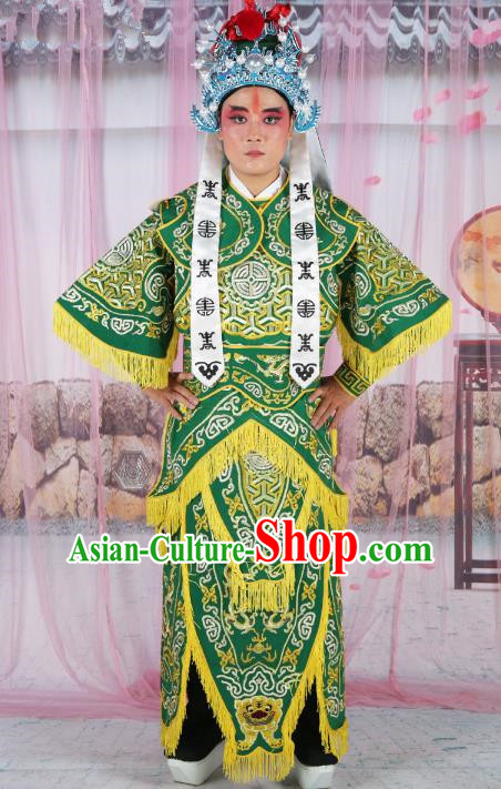 Chinese Beijing Opera Takefu Costume Green Embroidered Robe, China Peking Opera Warrior Embroidery Gwanbok Clothing