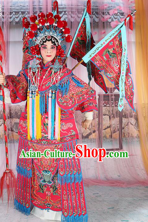 Chinese Beijing Opera Female General Costume Embroidered Rosy Armour, China Peking Opera Blues Embroidery Gwanbok Clothing