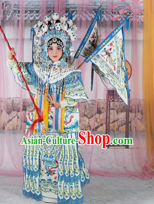 Chinese Beijing Opera Female General Costume White Embroidered Robe, China Peking Opera Blues Embroidery Gwanbok Clothing