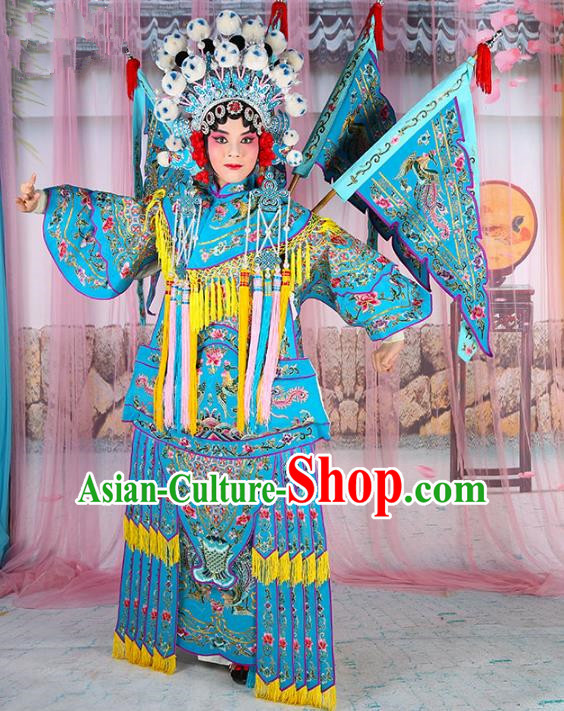Chinese Beijing Opera Female General Costume Blue Embroidered Robe, China Peking Opera Blues Warrior Embroidery Gwanbok Clothing