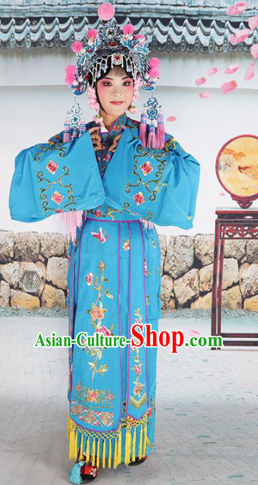 Chinese Beijing Opera Nobility Lady Embroidered Blue Costume, China Peking Opera Actress Embroidery Clothing