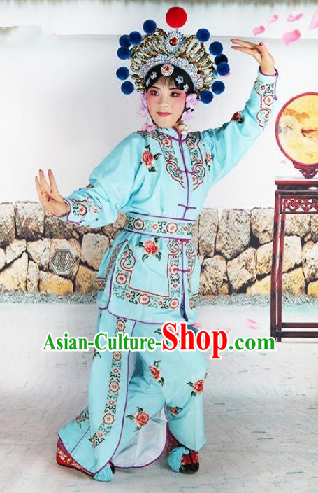 Chinese Beijing Opera Warrior Embroidered Blue Costume, China Peking Opera Blues Embroidery Clothing