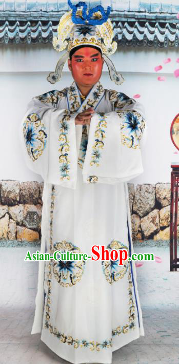 Chinese Beijing Opera Niche Costume White Embroidered Robe, China Peking Opera Scholar Embroidery Gwanbok Clothing