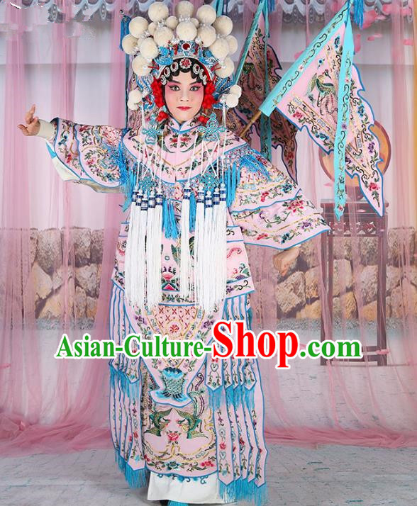 Chinese Beijing Opera Female General Costume Light Pink Embroidered Robe, China Peking Opera Blues Warrior Embroidery Gwanbok Clothing