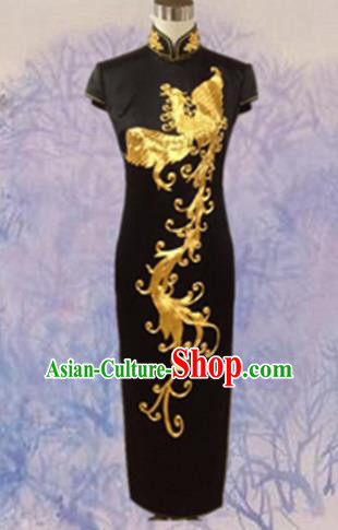 Traditional Chinese National Costume Black Mandarin Qipao, Tang Suit Embroidered Phoenix Chirpaur Silk Cheongsam Clothing for Women