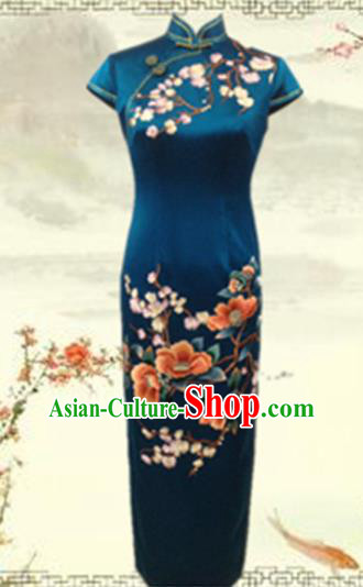 Traditional Chinese National Costume Atrovirens Mandarin Qipao, Tang Suit Embroidered Peony Chirpaur Silk Cheongsam Clothing for Women