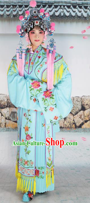 Chinese Beijing Opera Princess Blue Embroidered Costume, China Peking Opera Actress Embroidery Clothing