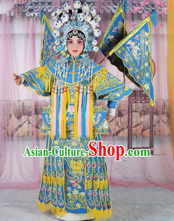 Chinese Beijing Opera Female Swordplay Blue Embroidered Costume, China Peking Opera Blues Embroidery Gwanbok Clothing