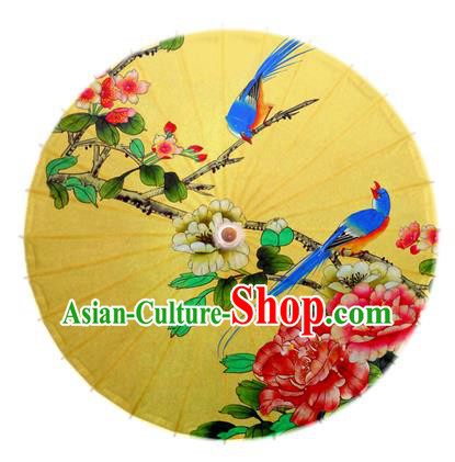 Asian China Dance Handmade Umbrella Stage Performance Umbrella Printing Peony Birds Yellow Oil-paper Umbrellas