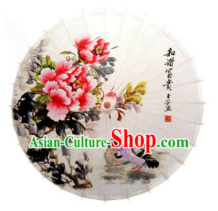 Asian China Dance Handmade Umbrella Stage Performance Umbrella Printing Peony Mandarin Duck Oil-paper Umbrellas