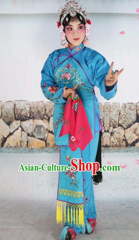 Chinese Beijing Opera Servant Girl Blue Embroidered Costume, China Peking Opera Actress Embroidery Clothing