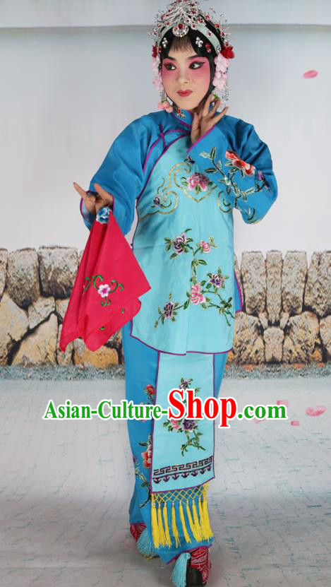 Chinese Beijing Opera Servant Girl Light Blue Embroidered Costume, China Peking Opera Actress Embroidery Clothing
