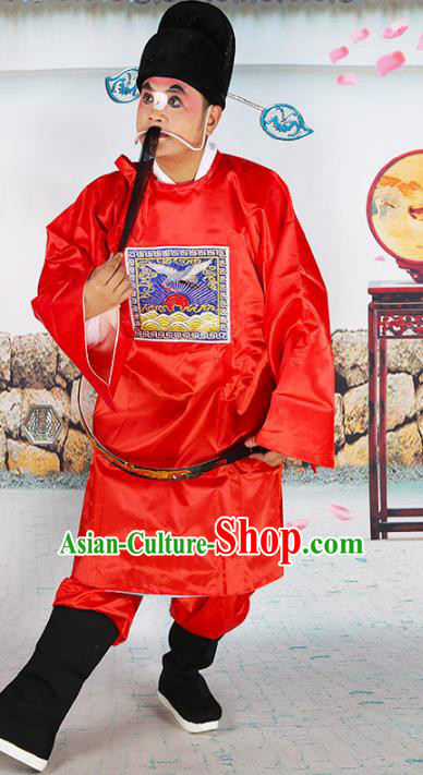 Chinese Beijing Opera Magistrate Costume Red Embroidered Robe, China Peking Opera Officer Embroidery Clothing
