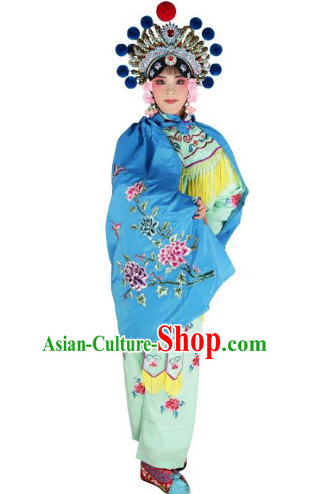 Chinese Beijing Opera Female Soldier Costume Embroidered Blue Short Cloak, China Peking Opera Blues Embroidery Mantle Clothing