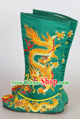 Chinese Beijing Opera Emperor Green Embroidered Boots, China Peking Opera Takefu General Embroidery Dragons Shoes