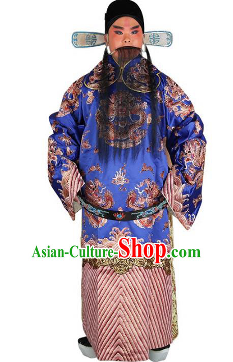 Chinese Beijing Opera Prime Minister Costume Blue Embroidered Robe, China Peking Opera Officer Embroidery Clothing