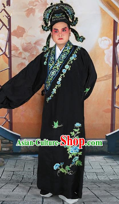 Chinese Beijing Opera Niche Costume Black Embroidered Robe, China Peking Opera Scholar Embroidery Peony Clothing