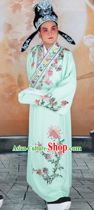 Chinese Beijing Opera Niche Costume Green Embroidered Robe, China Peking Opera Scholar Embroidery Chrysanthemum Clothing