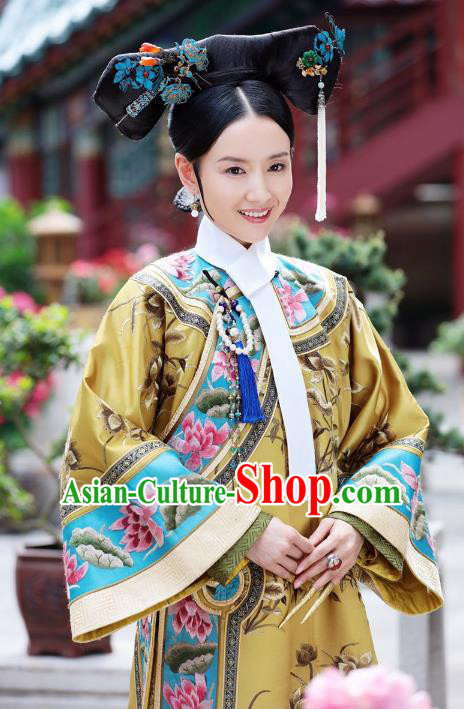 Traditional Chinese Ancient Qing Dynasty Manchu Imperial Empress Embroidered Costume and Headpiece Complete Set