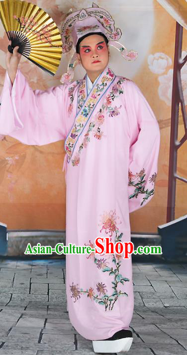 Chinese Beijing Opera Niche Costume Pink Embroidered Robe, China Peking Opera Scholar Embroidery Chrysanthemum Clothing