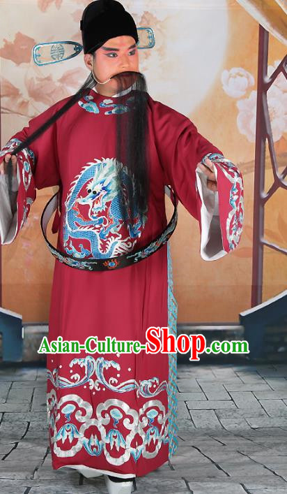 Chinese Beijing Opera Prime Minister Costume Purplish Red Embroidered Robe, China Peking Opera Chancellor Embroidery Clothing