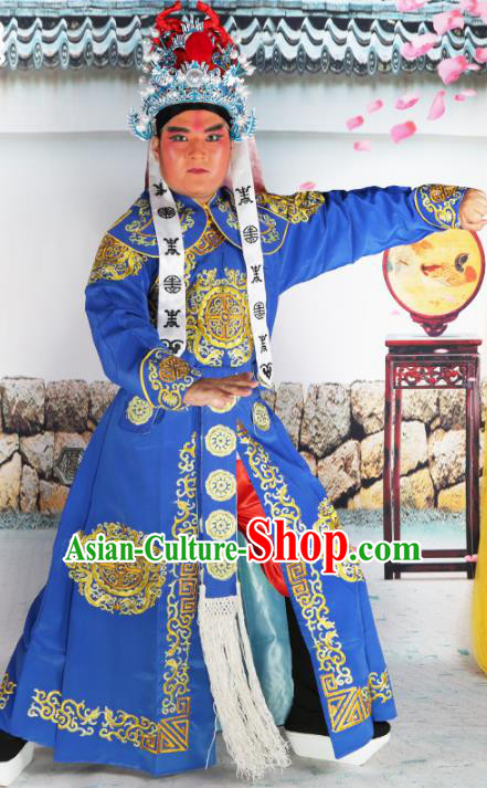 Chinese Beijing Opera Takefu Costume Blue Embroidered Robe, China Peking Opera Imperial Bodyguard Embroidery Clothing