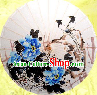 Handmade China Traditional Dance Umbrella Classical Painting Blue Peony Flowers Oil-paper Umbrella Stage Performance Props Umbrellas