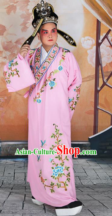 Chinese Beijing Opera Niche Costume Pink Embroidered Robe, China Peking Opera Scholar Embroidery Clothing