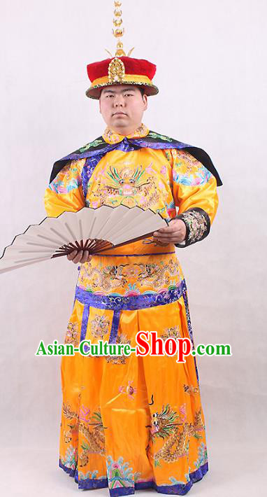 Chinese Beijing Opera Qing Dynasty Emperor Costume Yellow Embroidered Robe, China Manchu Majesty Embroidery Clothing