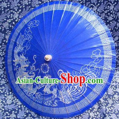 Handmade China Traditional Folk Dance Umbrella Painting Dragon Phoenix Blue Oil-paper Umbrella Stage Performance Props Umbrellas