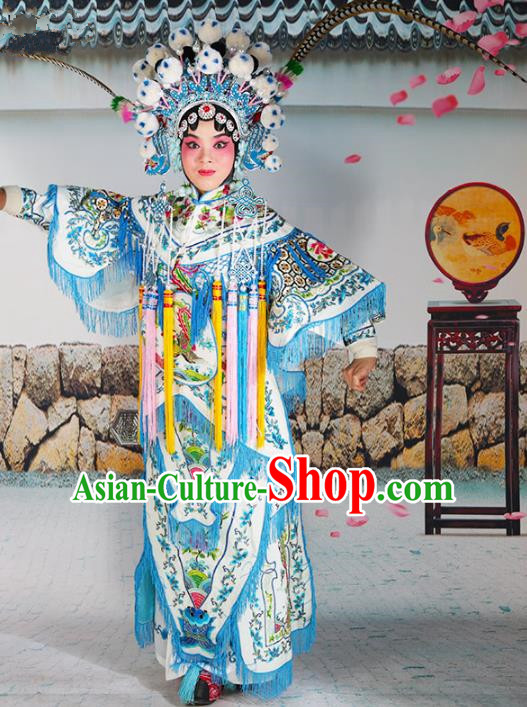 Chinese Beijing Opera Female General Embroidered White Costume, China Peking Opera Blues Embroidery Clothing