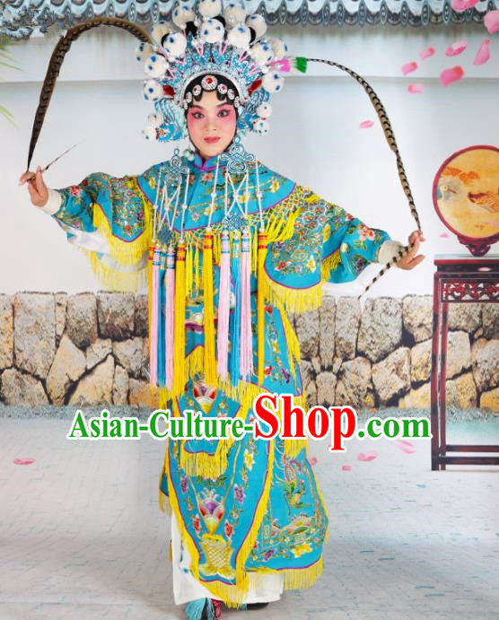 Chinese Beijing Opera Female General Embroidered Blue Costume, China Peking Opera Blues Embroidery Clothing