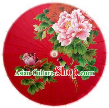 Handmade China Traditional Folk Dance Umbrella Printing Peony Red Oil-paper Umbrella Stage Performance Props Umbrellas