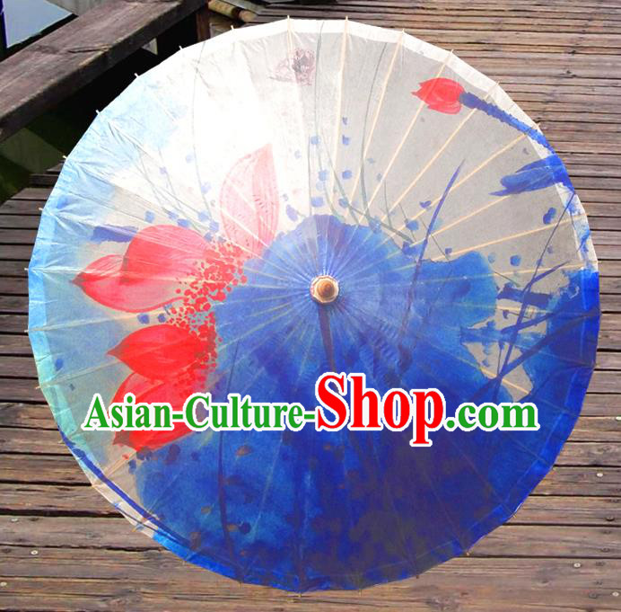 China Traditional Folk Dance Umbrella Hand Painting Lotus Blue Oil-paper Umbrella Stage Performance Props Umbrellas