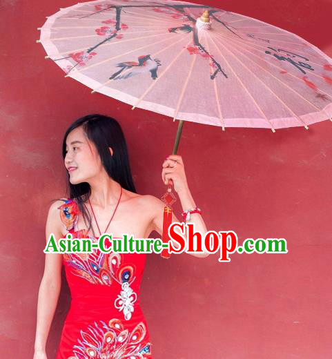 China Traditional Folk Dance Paper Umbrella Hand Painting Birds Pink Oil-paper Umbrella Stage Performance Props Umbrellas
