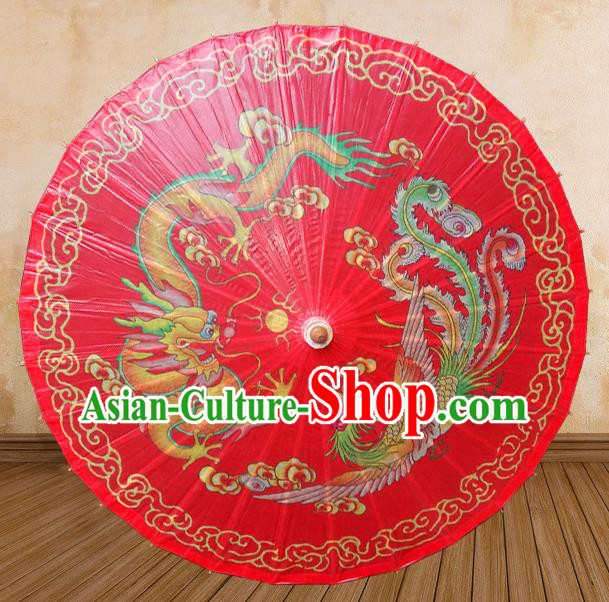 China Traditional Folk Dance Paper Umbrella Hand Painting Dragon Phoenix Red Oil-paper Umbrella Stage Performance Props Umbrellas