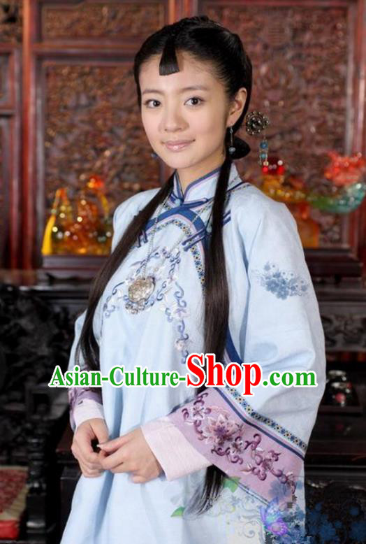 Traditional Chinese Ancient Qing Dynasty Young Mistress Embroidered Blue Xiuhe Suit Clothing for Women