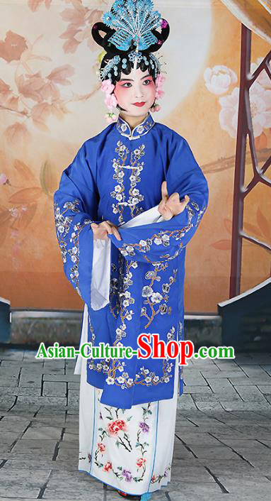 Chinese Beijing Opera Actress Princess Embroidered Deep Blue Costume, China Peking Opera Diva Embroidery Wintersweet Clothing