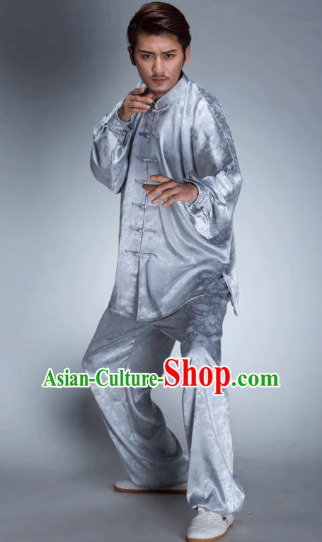 Top Grade Chinese Kung Fu Costume, China Martial Arts Tai Ji Training Grey Uniform Gongfu Shaolin Wushu Clothing for Men