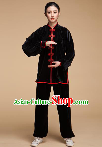 Top Grade Chinese Kung Fu Black Velvet Costume China Martial Arts Training Uniform Tai Ji Wushu Clothing for Women