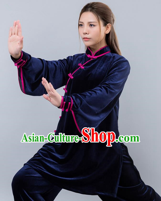 Top Grade Chinese Kung Fu Deep Blue Velvet Costume China Martial Arts Training Uniform Tai Ji Wushu Clothing for Women