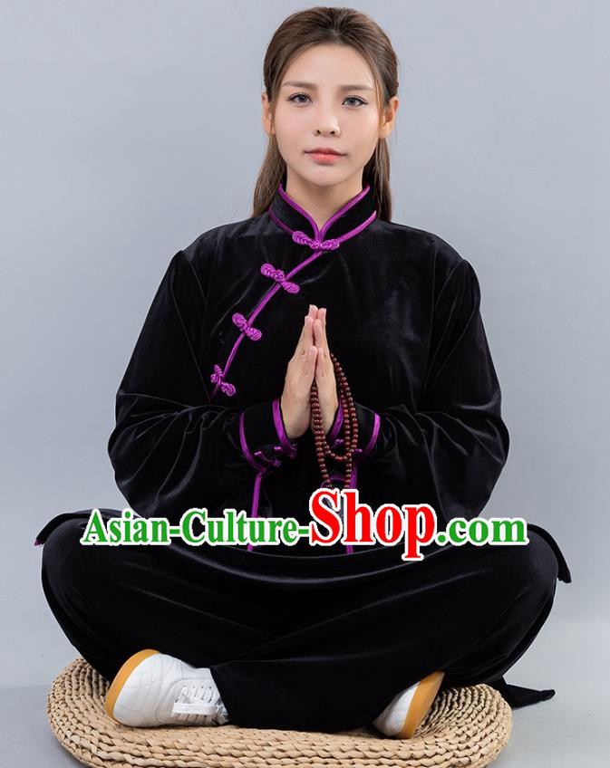 Top Grade Chinese Kung Fu Black Velvet Costume China Martial Arts Training Uniform Tai Ji Wushu Clothing for Women